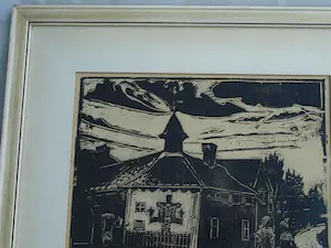 Niet of onleesbaar gesigneerd - Houtsnede, Voor de kerk – ingelijst – oud kopen? Bied vanaf 1!