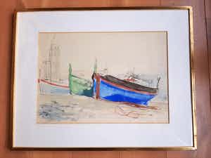 Frans Hollaardt - Aquarel bootjes aan franse kust verkocht voor € 75!