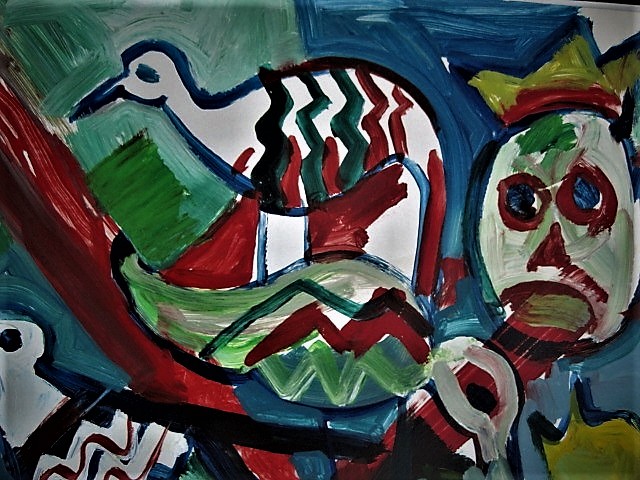 Ruud Cornelisse - Krachtige post CoBrA Gouache "Vogels met hoofden" 2001 gesigneerd kopen? Bied vanaf 1!