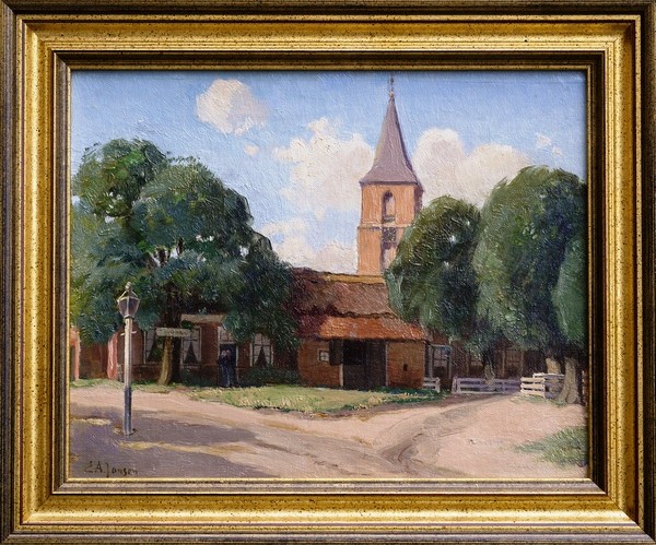 Egbertus Antonie Jansen - Dorpsgezicht met Kerk en Café ( Zoelen ? ) kopen? Bied vanaf 350!