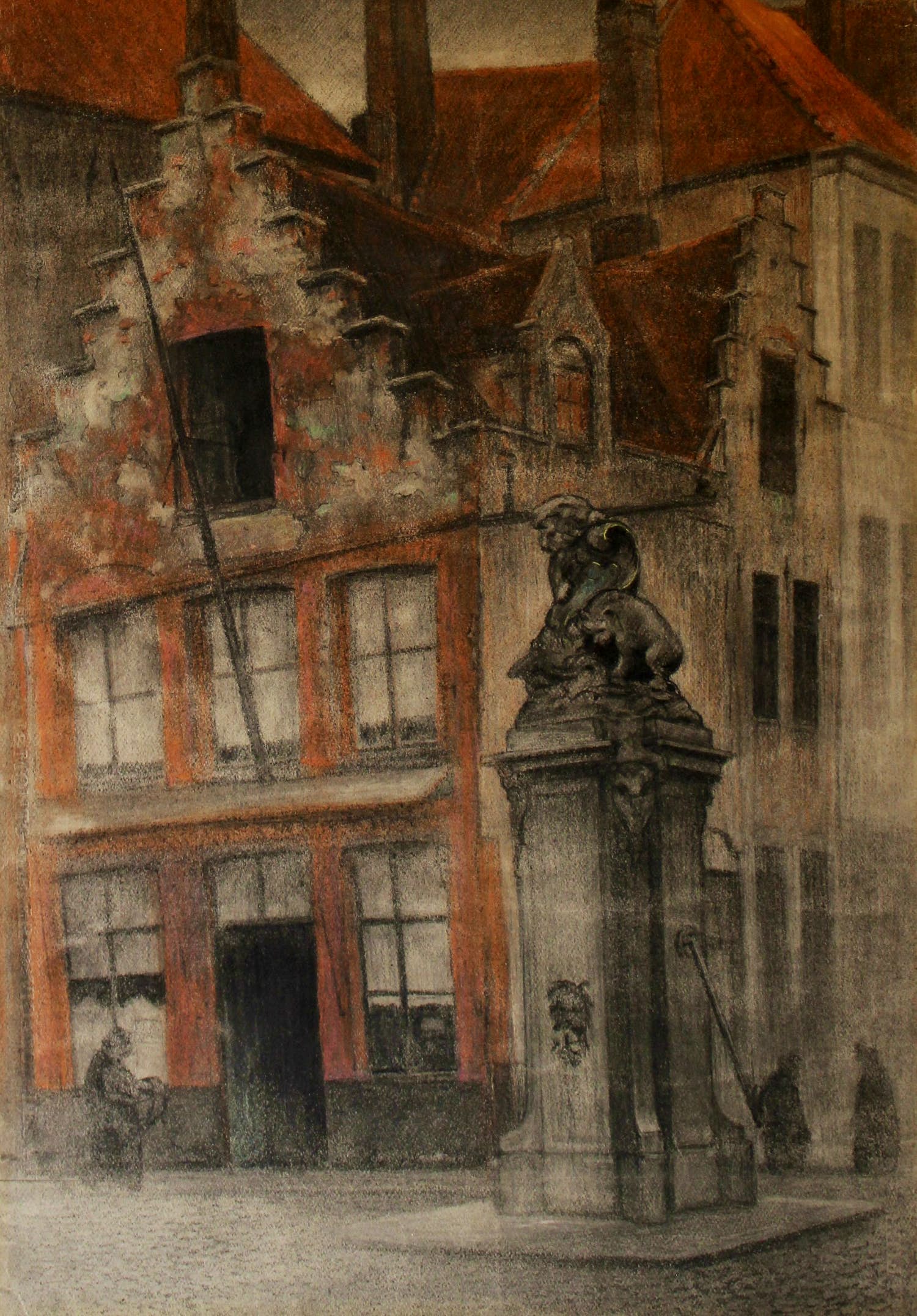 Niet of onleesbaar gesigneerd - Zicht op de Eiermarkt te Brugge en de waterpomp van Pieter Pepers kopen? Bied vanaf 1!