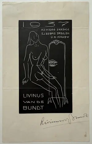 Livinus van de Bundt - linosnede | 'Scherpe oogen en heldere spiegels wensch ik u' | 1937 kopen? Bied vanaf 10!