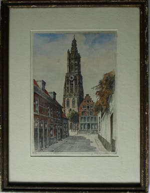 Marius Johannes Janssen - Ingelijste en ingekleurde ets , Onze Lieve Vrouwetoren Amersfoort – ca 1935 kopen? Bied vanaf 1!