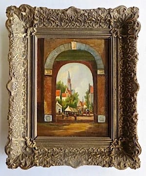 Niet of onleesbaar gesigneerd - Middeleeuwse Stadspoort Amsterdam met figuren - handgesigneerd: T. Guth? kopen? Bied vanaf 1!