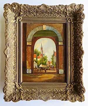 Niet of onleesbaar gesigneerd - Middeleeuwse Stadspoort Amsterdam met figuren - handgesigneerd: T. Guth? verkocht voor € 1!