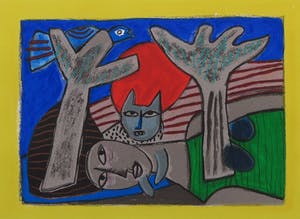 Corneille - Zeefdruk, Complicité entre la femme et l'oiseau - Ingelijst kopen? Bied vanaf 150!