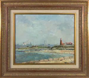 Alexander van Noort - Olieverf op doek, Sluis IJmuiden met rode vuurtoren - Ingelijst kaufen? Bieten Sie von 250!
