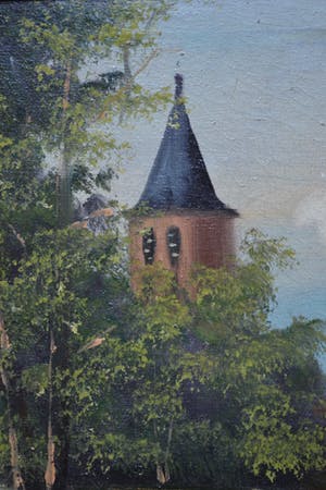 Niet of onleesbaar gesigneerd - Dorpsgezicht met kerktoren - Olieverf op doek kopen? Bied vanaf 10!