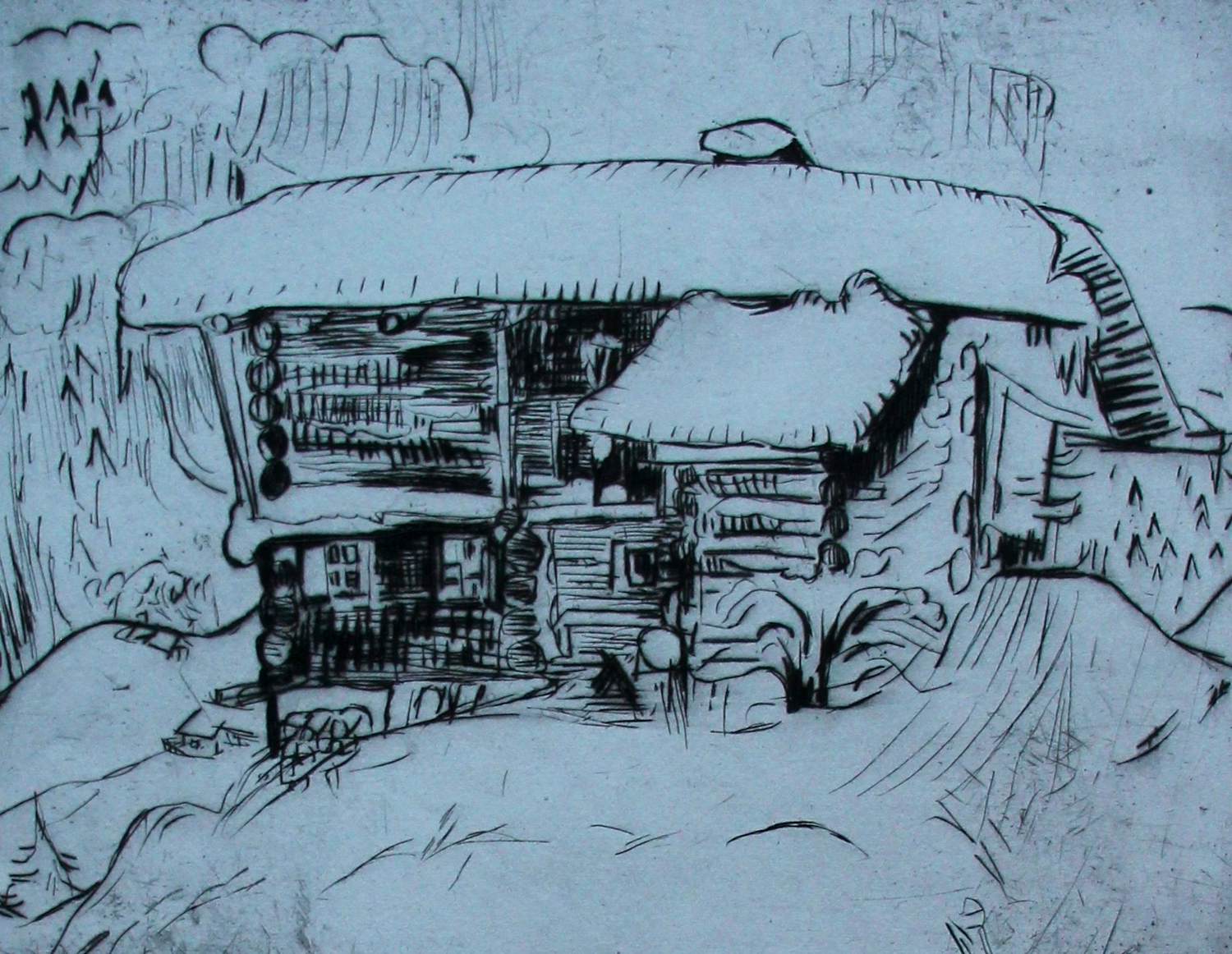 Jan Wiegers - Droge naald ets: Chalet in de sneeuw kopen? Bied vanaf 75!