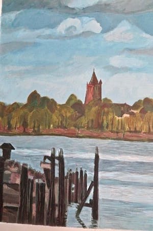 Valentin Bakardjiev - "Dalem" - Rivierlandschap met Vogel - zicht op Kasteel Loevestein kopen? Bied vanaf 29!