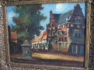 Niet of onleesbaar gesigneerd - Olieverf op paneel , Dorpsplein – gesigneerd & ingelijst - oud kopen? Bied vanaf 1!