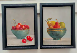 Marian van der Sanden - 2x stilleven Schaaltje kersen en schaaltje peren kopen? Bied vanaf 320!