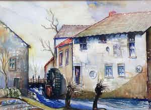 Jacques Mels - Ingelijste aquarel: boerderij langs beek in Limburg verkocht voor € 45!