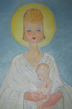 Harrie Antheunis - Uniek gestileerd religieus schilderij van een Madonna met kind- Art Deco kopen? Bied vanaf 75!