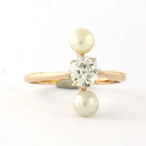 14k geel gouden ring bezet parel en old mine cut diamant tot 0.80ct kopen? Bied vanaf 610!