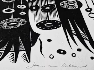 Hans van Dokkum - Grote polychrome Linosnede "signaal-rode zeeduivel" - zeer kleine oplage (8) kopen? Bied vanaf 36!