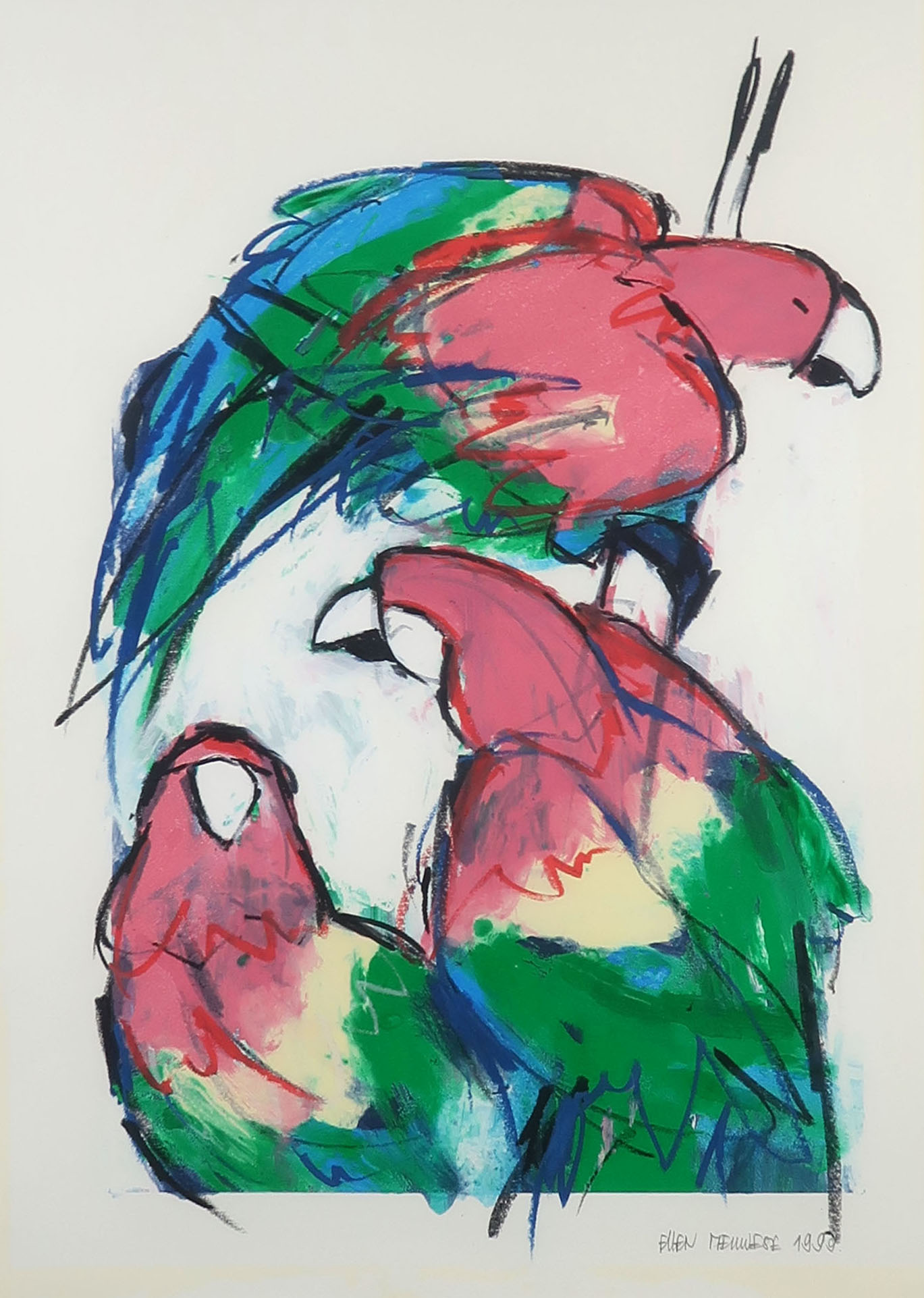 Ellen Meuwese - Gemengde techniek op papier, Papegaaien - Ingelijst kopen? Bied vanaf 1!