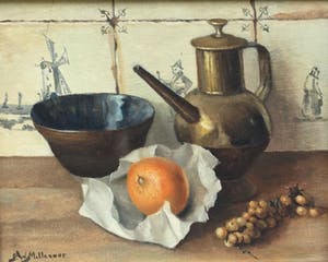 Peter Wilhelm Millenaar - C774 - Stilleven met koperen kan en mandarijn tegen tegeltableau kopen? Bied vanaf 350!