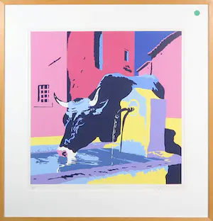 Marco Kooiman - Zeefdruk, Cow drinking at fountain - Ingelijst kopen? Bied vanaf 60!
