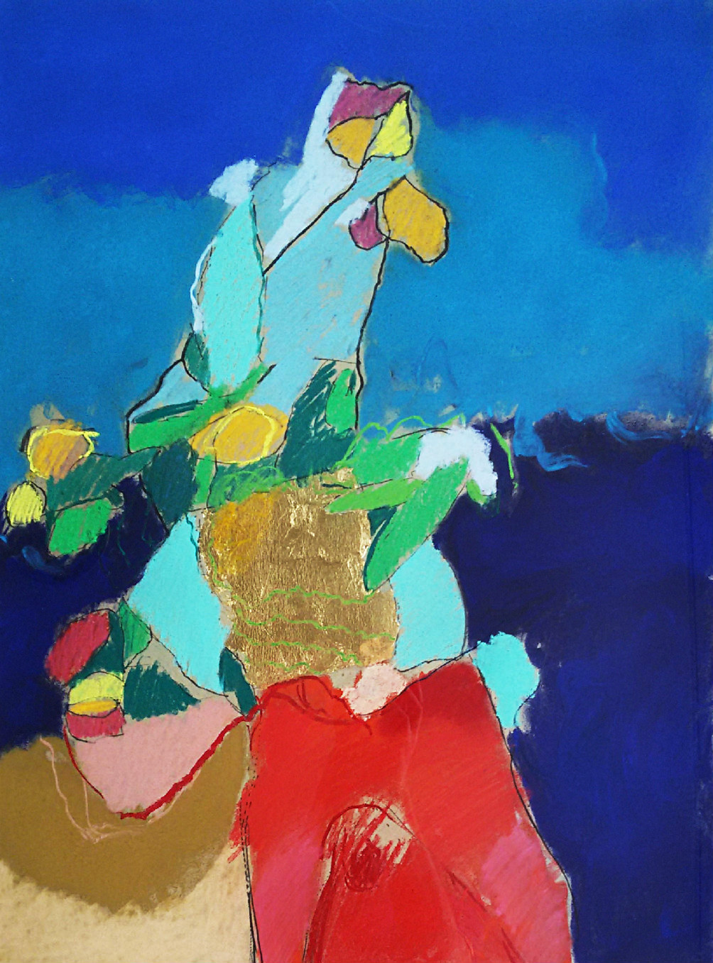 Henk van Vessem - Stilleven, pastelkrijt en bladgoud op papier (mooi ingelijst, groot) verkocht voor € 75!