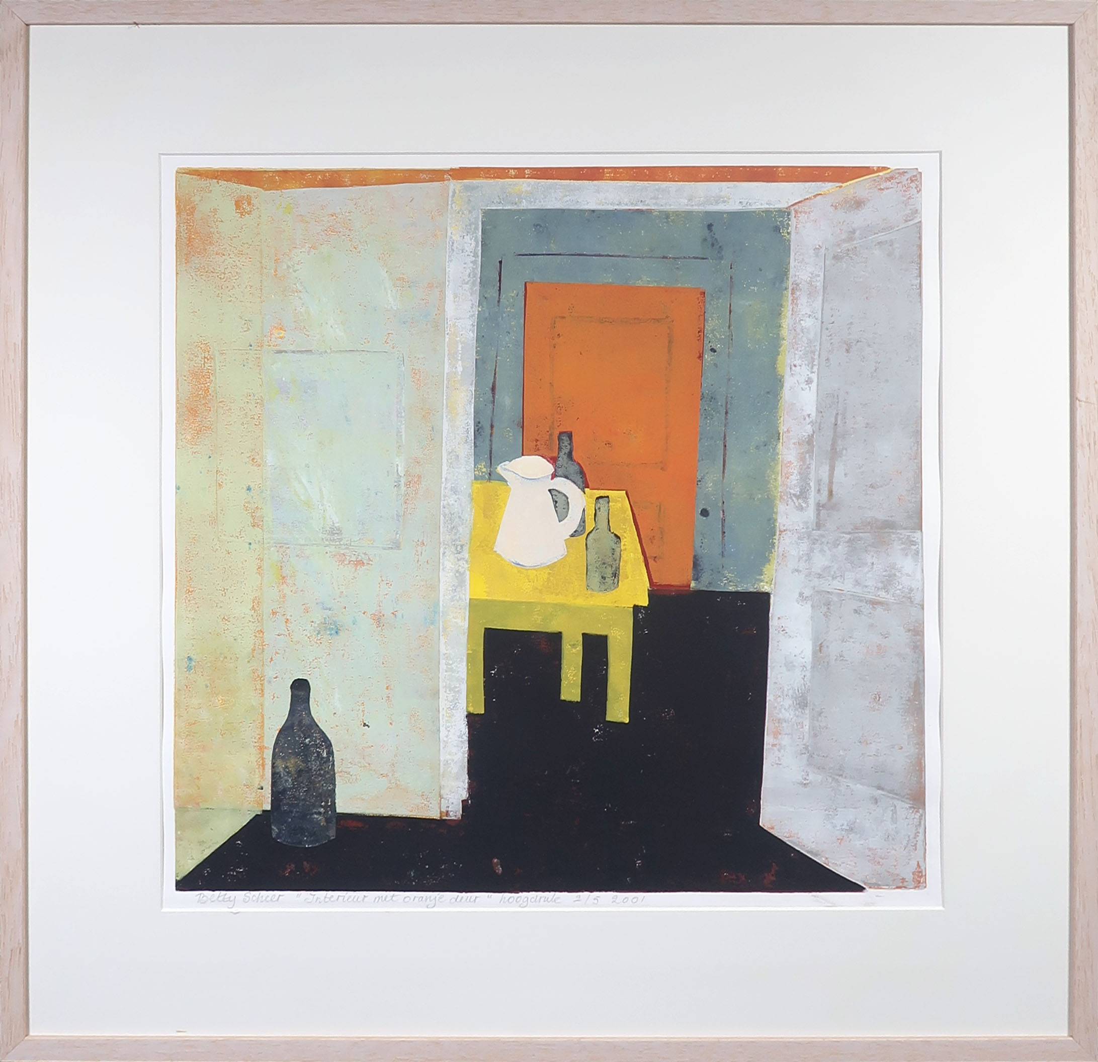 Betty Scheer - Linosnede, Interieur met oranje deur - Ingelijst kopen? Bied vanaf 50!
