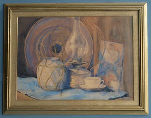 Frits Hes - Ingelijste aquarel , Stilleven met spiegel en olielamp – ca. 1950 kopen? Bied vanaf 50!
