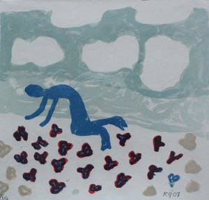 Klaas Gubbels - litho: knielen op een bed violen - 2007 (prachtige houten lijst) kopen? Bied vanaf 225!