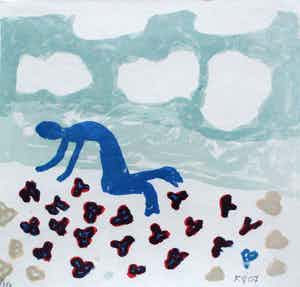 Klaas Gubbels - litho: knielen op een bed violen - 2007 (prachtige houten lijst) verkocht voor € 225!