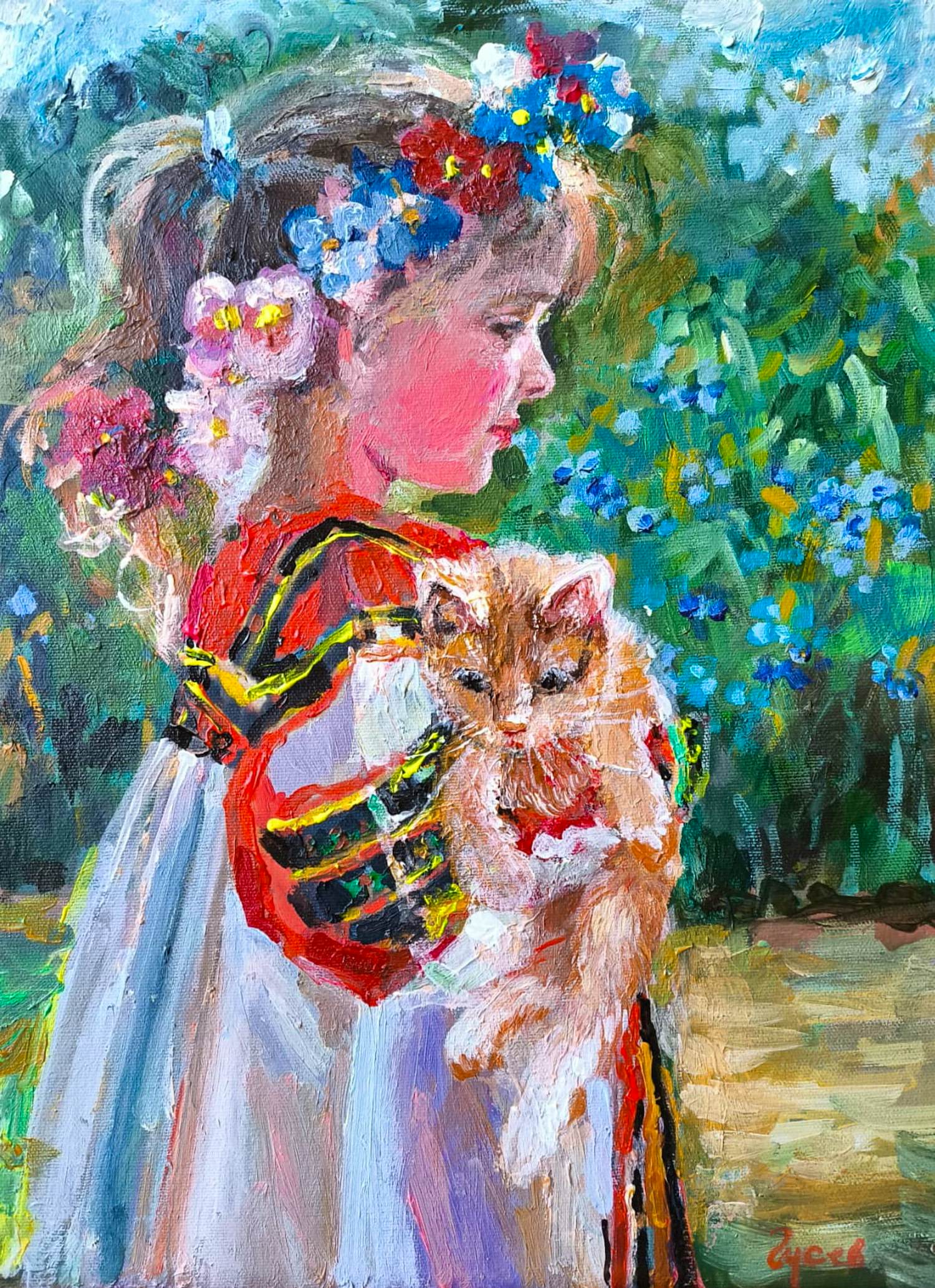 Vladimir Goussev - Portret van een meisje met een kitten kaufen? Bieten Sie von 400!