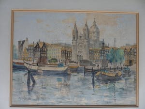Jan den Hengst - Aquarel. zicht op de St. Nicolaaskerk te Amsterdam. kopen? Bied vanaf 35!