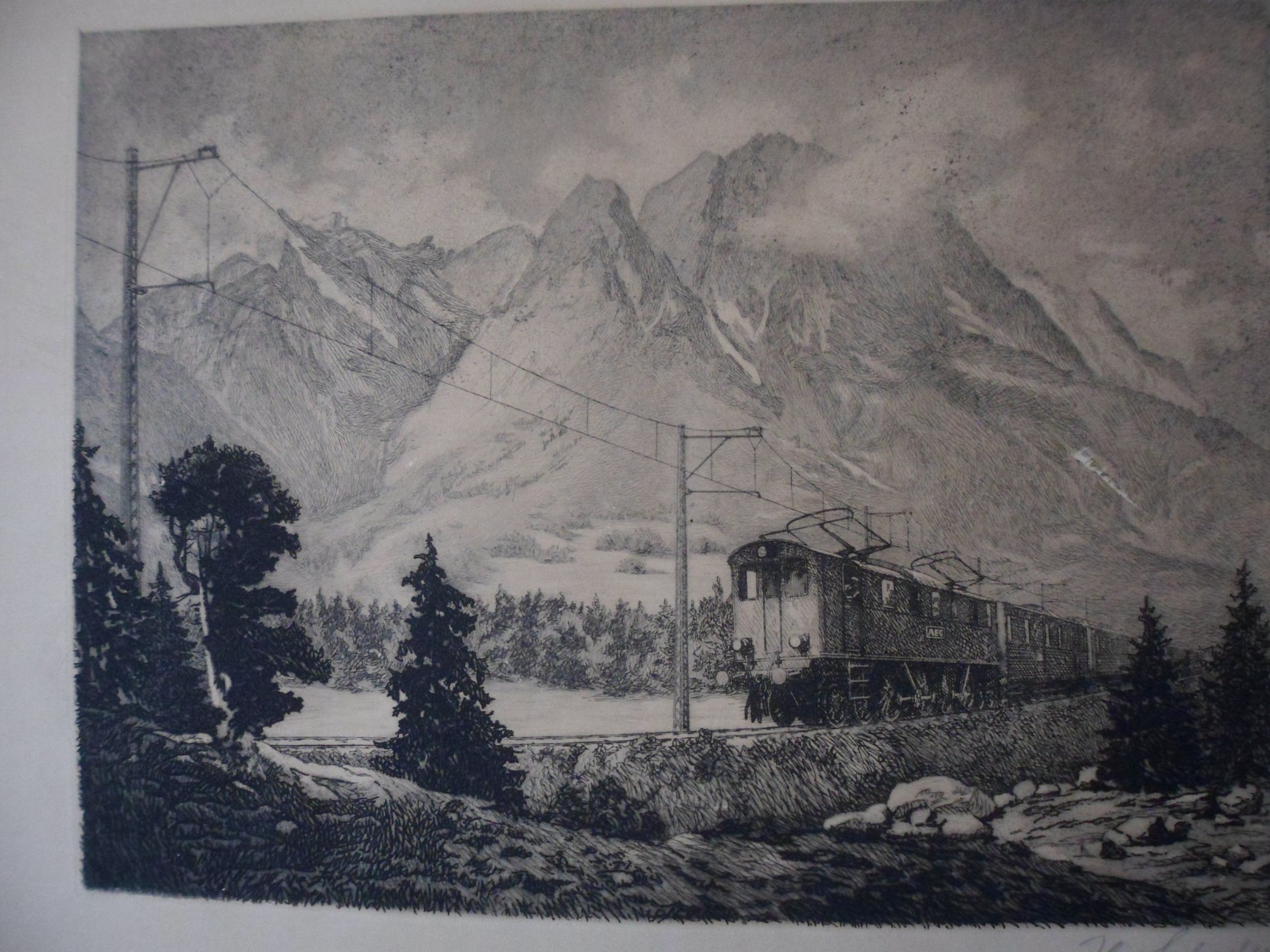 Niet of onleesbaar gesigneerd - Ets van een berglandschap met een trein. kopen? Bied vanaf 1!