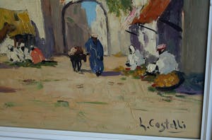 Niet of onleesbaar gesigneerd - Olieverf op doek , Oriëntaalse voorstelling – ingelijst & gesigneerd – ca 1950? kopen? Bied vanaf 1!