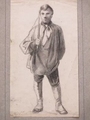 Ferdinand Ernst Lintz - Staande jongeman met werktuig in zijn hand - Tekening kopen? Bied vanaf 30!