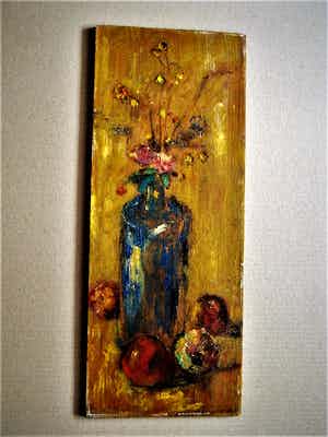 Niet of onleesbaar gesigneerd - omstreeks 1920 in olieverf geschilderd "Droogboeket in blauwe Fles" gesign. verkocht voor € 1!