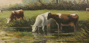 Niet of onleesbaar gesigneerd - Olieverf op paneel, Landschap met vee kopen? Bied vanaf 1!