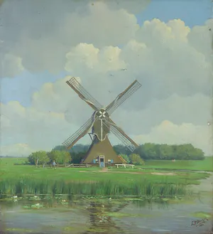 Niet of onleesbaar gesigneerd - Olieverf op doek, Landschap met molen kopen? Bied vanaf 1!