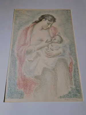Paul Kromjong - Mooie verstilde jaren 60 kleuren lithografie "Moederliefde" potloodgesigneerd kopen? Bied vanaf 37!