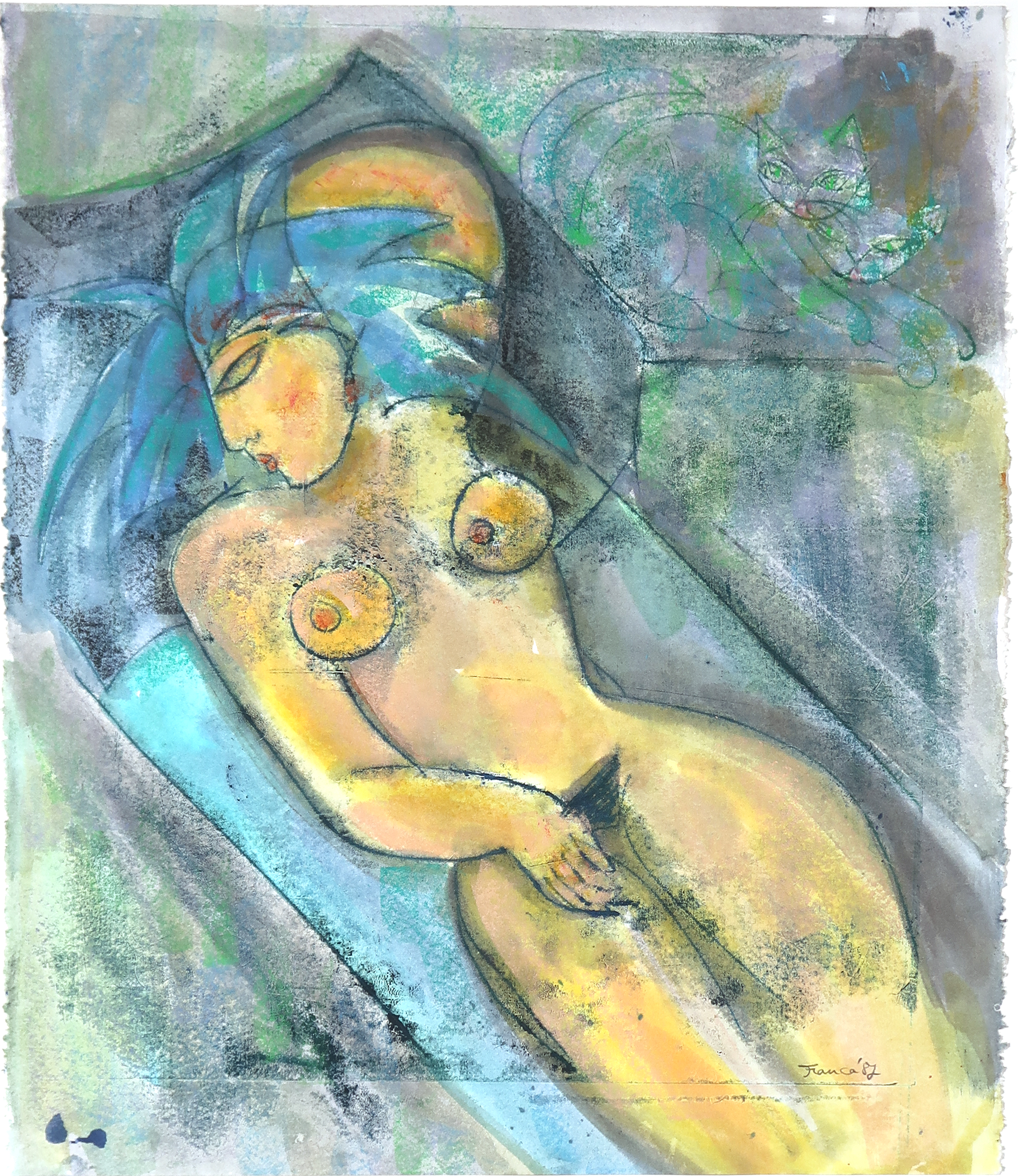 Franca Muller Jabusch - Gemengde technieken op papier, Gouache met krijt, Double cat verkocht voor € 35!