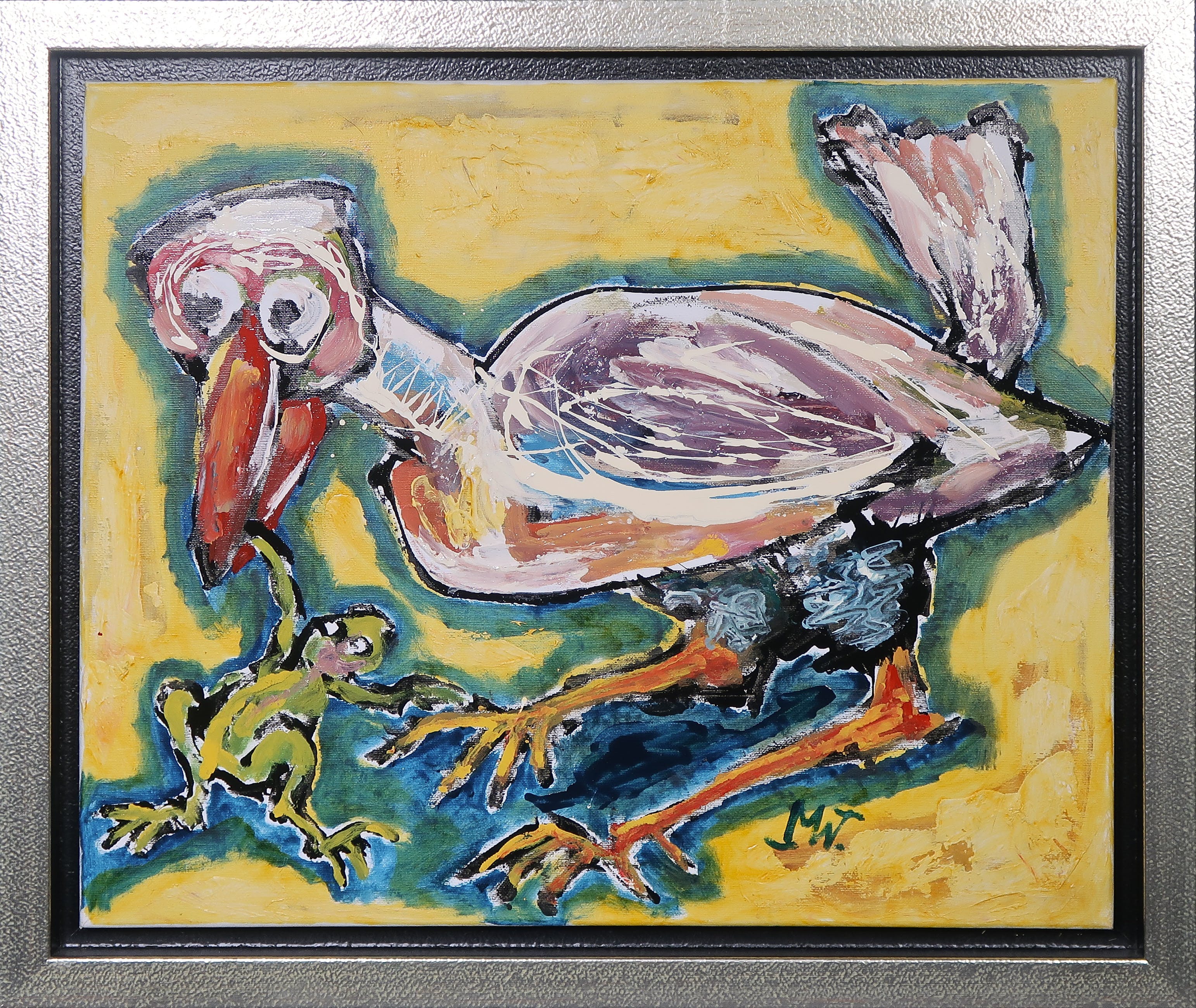 Martin van Wordragen - Gemengde techniek op doek, Vogel met kikker - Ingelijst kopen? Bied vanaf 300!