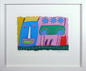 Wouter Stips - Zeefdruk, Vrolijke kater met blauwe hoed - Ingelijst verkocht voor € 50!