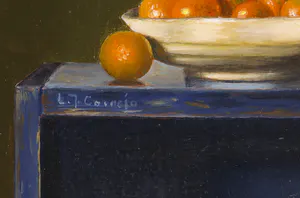 L. Javier Cornejo - Olieverf op hardboard, Stilleven met mandarijnen en brood kopen? Bied vanaf 150!