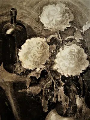 Harrie Kuyten - Bijzonder groot omstreeks 1930 Houtskool op papier "Stilleven witte Anjers" kopen? Bied vanaf 76!