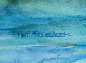Piet Middelhoek - Vuurtorentje met vissersschepen, aquarel kopen? Bied vanaf 30!