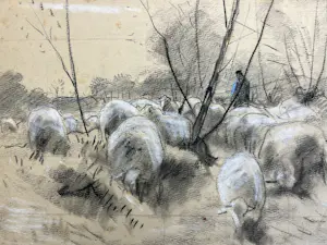 Anton Mauve (sr.) - Schapenherder met kudde schapen in winters landschap tussen bomen kopen? Bied vanaf 320!