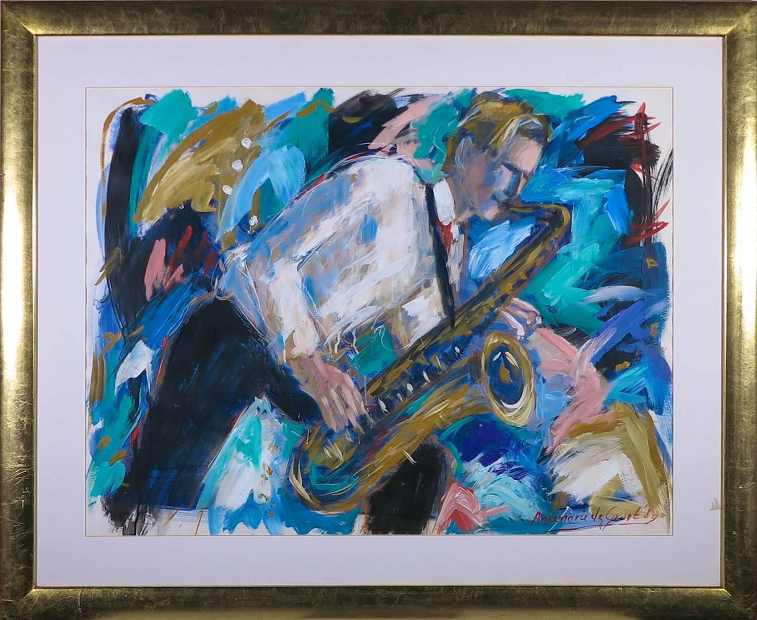 Annemarie de Groot - Acryl op papier, Saxofoon speler - Ingelijst kopen? Bied vanaf 200!