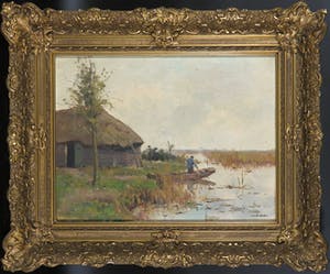 Pieter Schreuder - Olieverf op doek, Landschap met schuuur kopen? Bied vanaf 70!