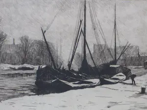 Anton L. Koster - Schepen aan kade Spaarne Haarlem - Ets kopen? Bied vanaf 1!