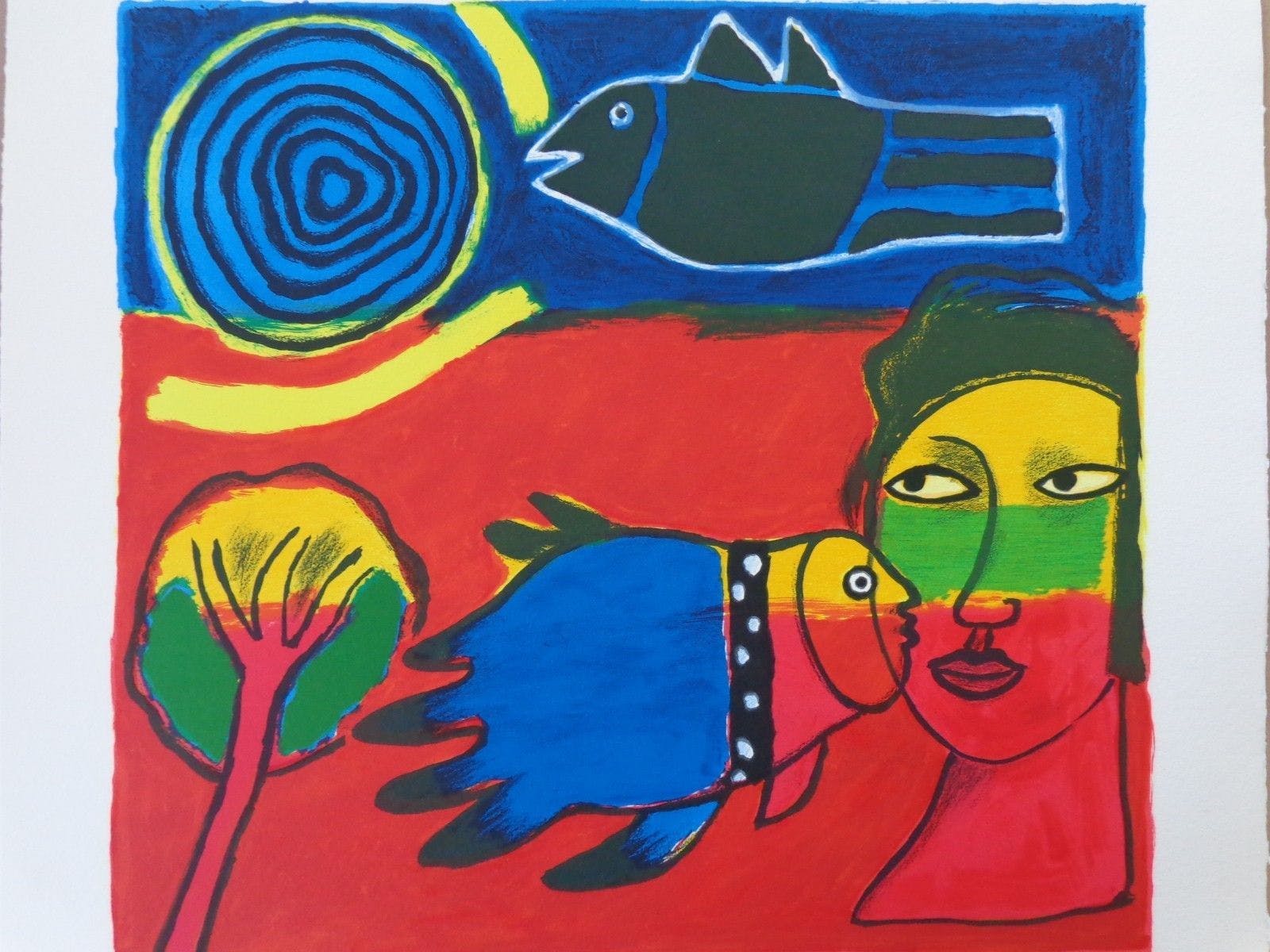 Corneille - VROUWENHOOFD & VOGELS / KLEURLITHO / 60x69cm / SIG 2003 kopen? Bied vanaf 175!