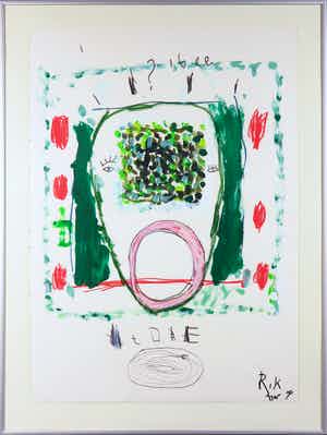 Rik van Iersel - Gemengde techniek op papier, Figuur met open mond - Ingelijst verkocht voor € 1!