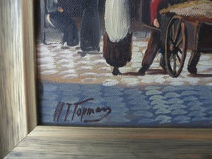 H.J Topman - Olieverfschilderij van een vroeg Hollands straatbeeld met mensen en gebouwen. kopen? Bied vanaf 35!